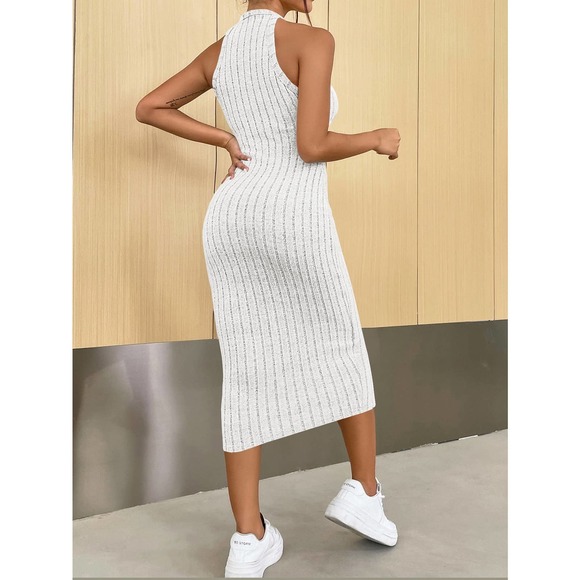 Minimalist Halter ribbed knot Bodycon midi Dress rust orange - Picture 11 of 12